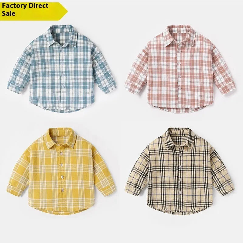 Boy's light blue cotton shirt with an animal print and lattice pattern, long sleeves.