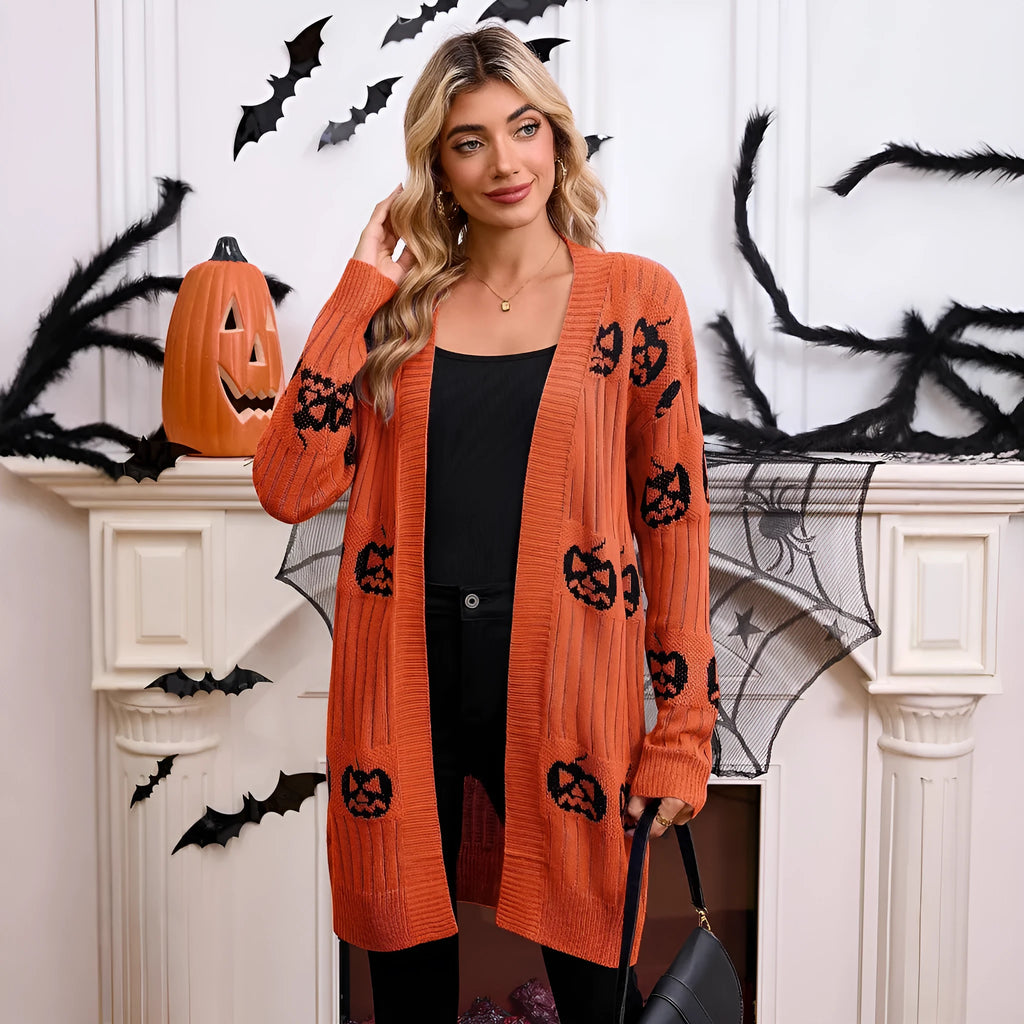 Women's black Halloween pumpkin head jacquard knitted cardigan coat with straight cut