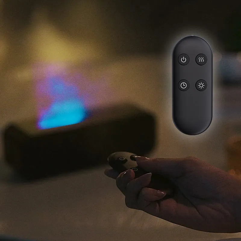 Black and white aroma diffuser with remote control, USB port, flame effect and colour-changing lights