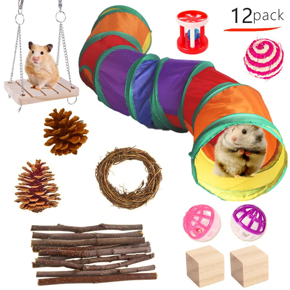 Assortment of wooden pet toys for rabbits guinea pigs and parrots in a set