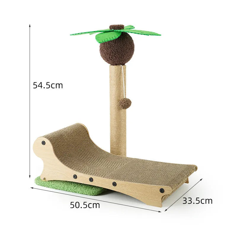 Wooden beach chair style cat climbing frame nest with a central hemp-wrapped scratching post.