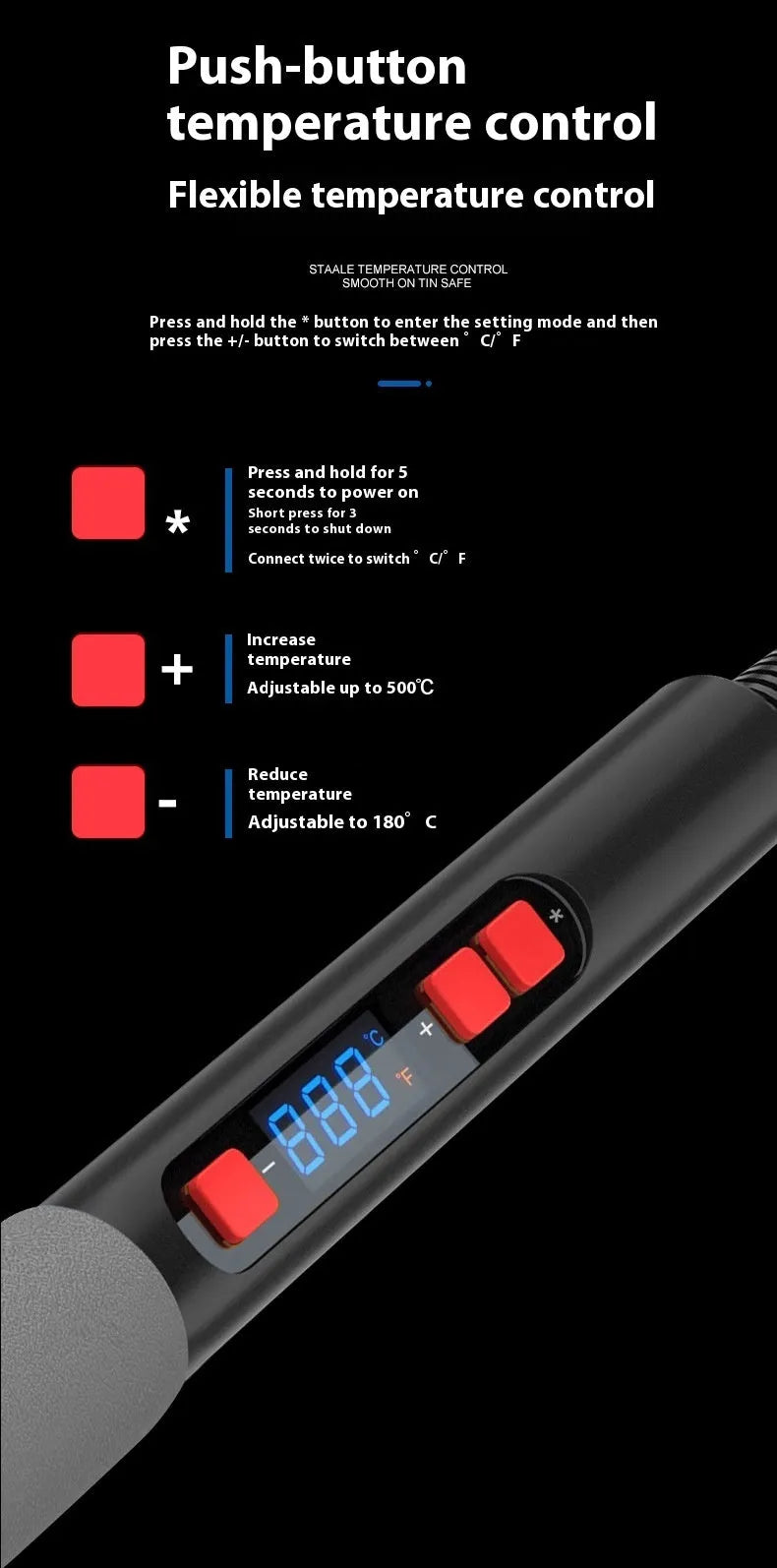 Gray 90W electric soldering iron with temperature display and five interchangeable tips