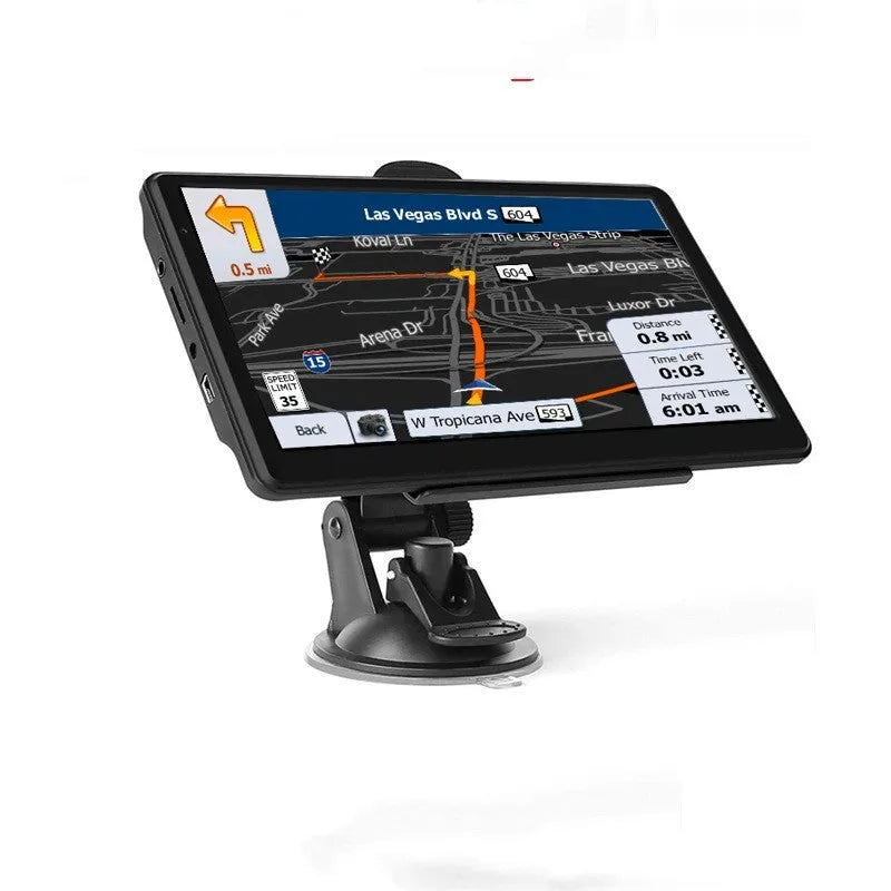 7 inch HD touch screen car GPS navigation device on a dashboard bracket