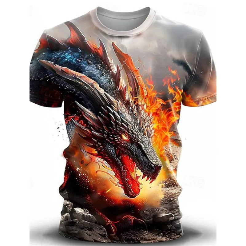 Men's grey casual t-shirt featuring a detailed 3D wind dragon print on the chest, short sleeves.