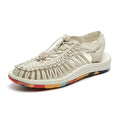 Elastic drawstring woven sandals in rainbow colour with rubber sole and baotou front design