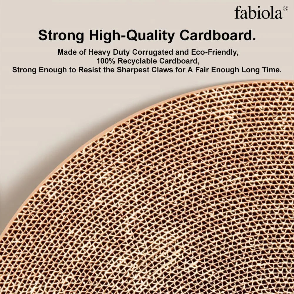 Large circular cardboard cat scratching board with integrated bell toys and refillable core