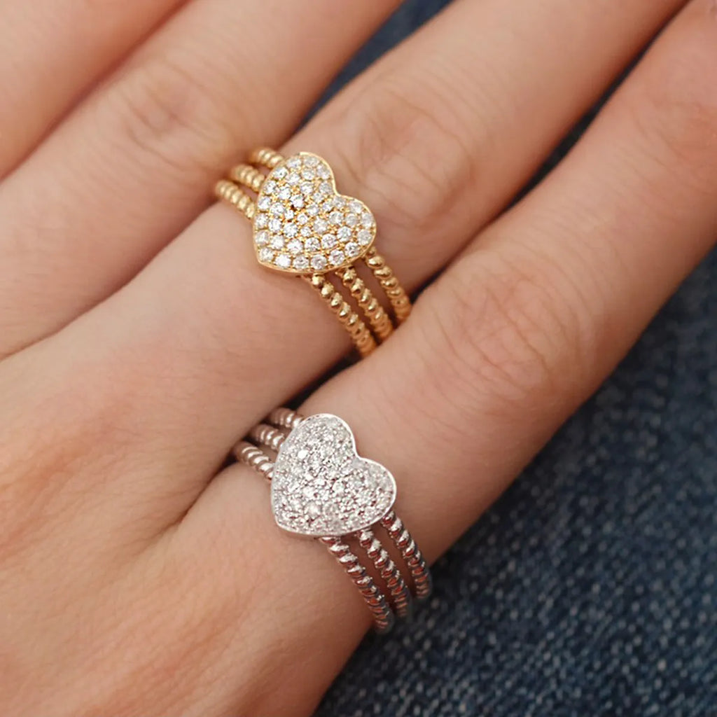 S925 sterling silver ring with heart twist design, available in white gold or yellow gold finish, US sizes 6 to 10