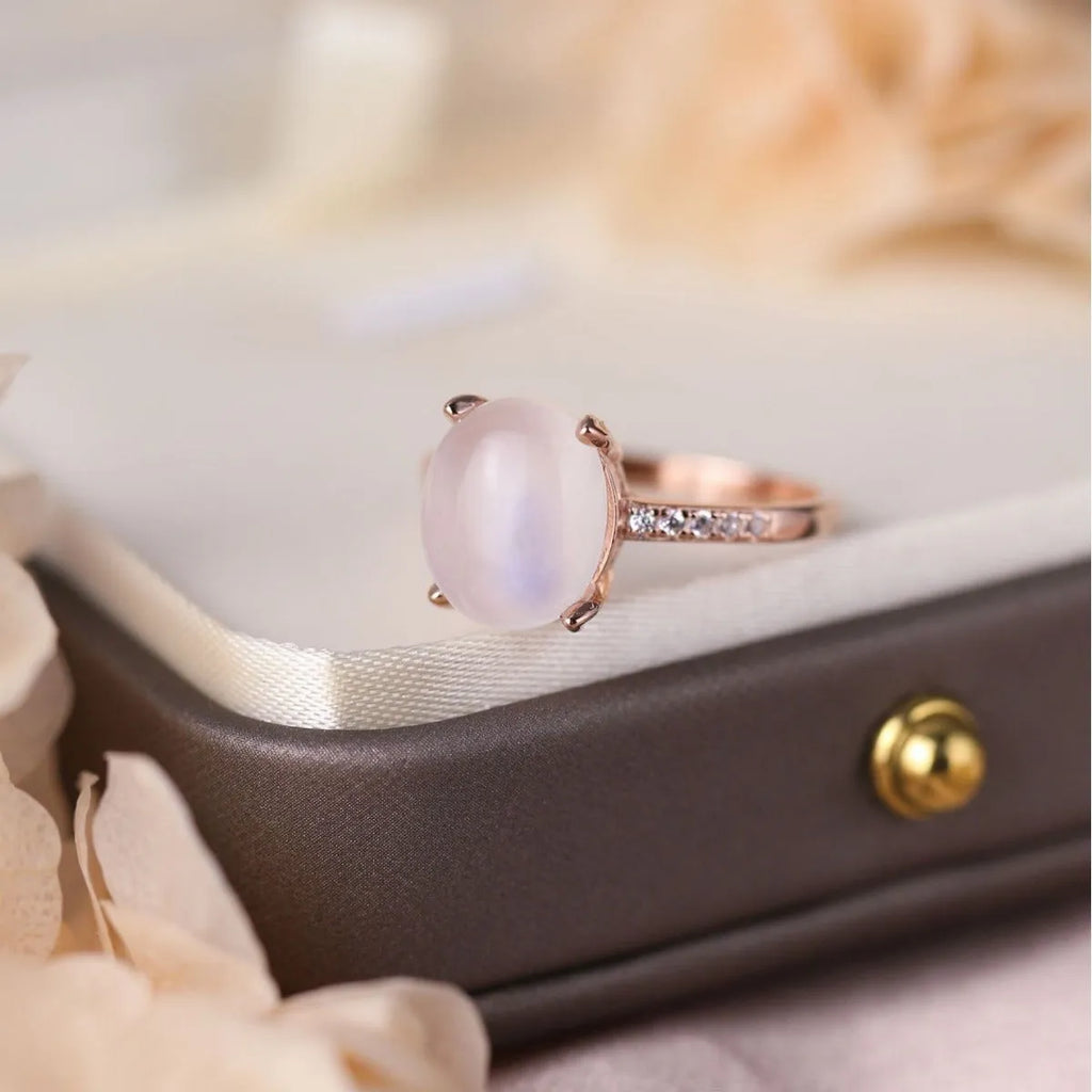 Silver multi-layer moonstone rose gold ring set of 3 on display, unisex geometric style