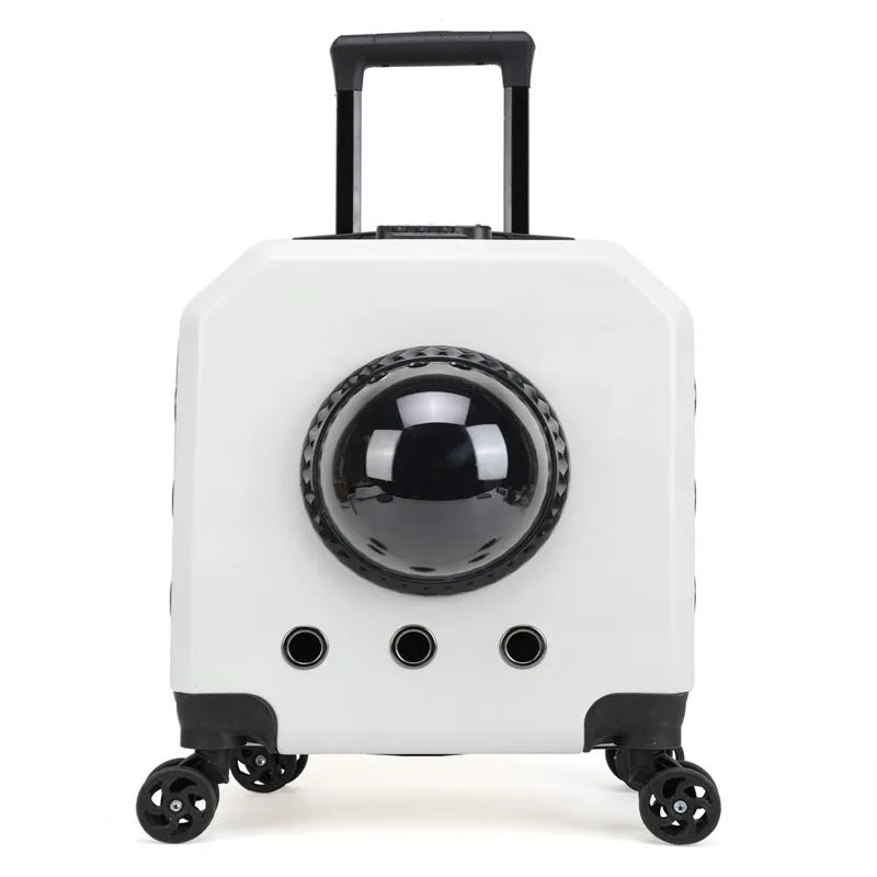 Hard-sided orange PVC pet flight case on wheels with a luggage compartment.