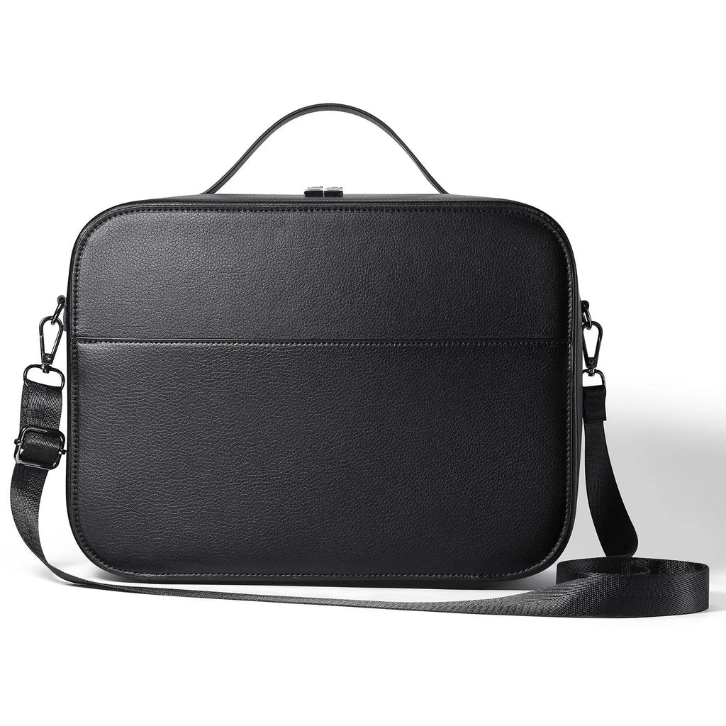 Black superfiber MR glasses storage box for Apple Vision Pro, shown with included storage bag.