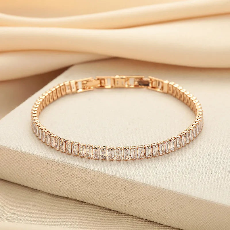 Women's rectangular brass bracelet with full diamond pattern in zircon stones in champagne gold finish