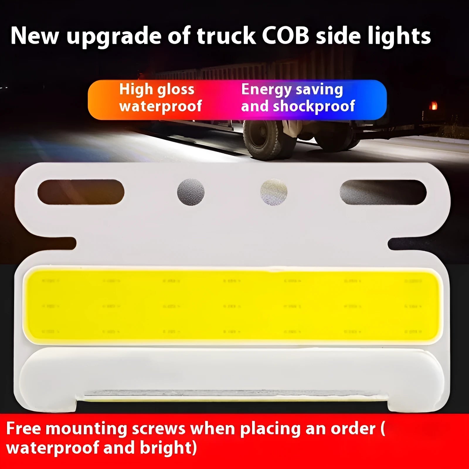 COB LED truck side light with grounded tyre light in aluminium alloy housing, shown in multiple colours.