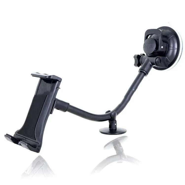 Black vehicle-mounted tablet holder with suction cup base for 4-12 inch devices