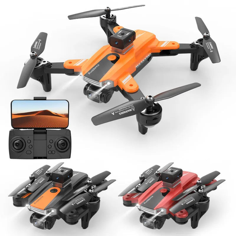 Orange quadcopter drone with four propellers and dual cameras showing obstacle avoidance sensors