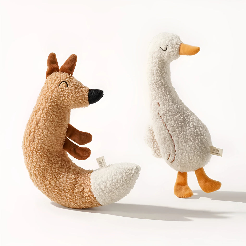 Cartoon fox and duckling dog chew toys in teddy velvet with crinkle sound elements