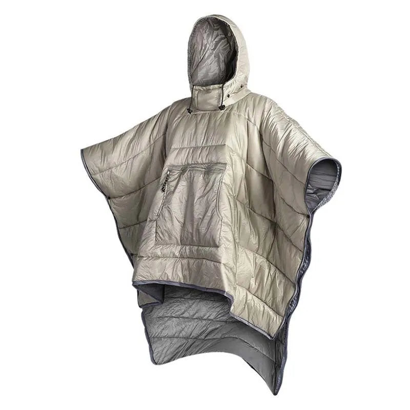 Grey adult-sized outdoor cloak sleeping bag worn as a cape, showing its 200x140cm dimensions.