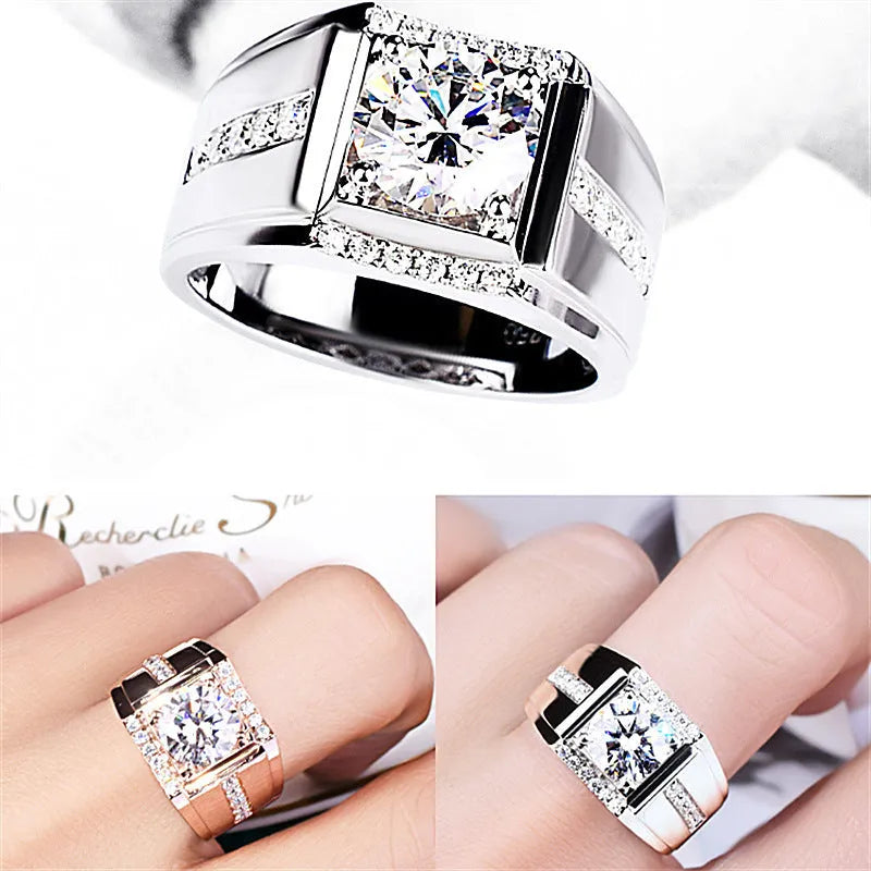 Geometric diamond zircon men's ring in rose gold on a hand, showing adjustable open mouth design.