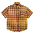 Yellow plaid short sleeve shirt with embroidery pocket detail