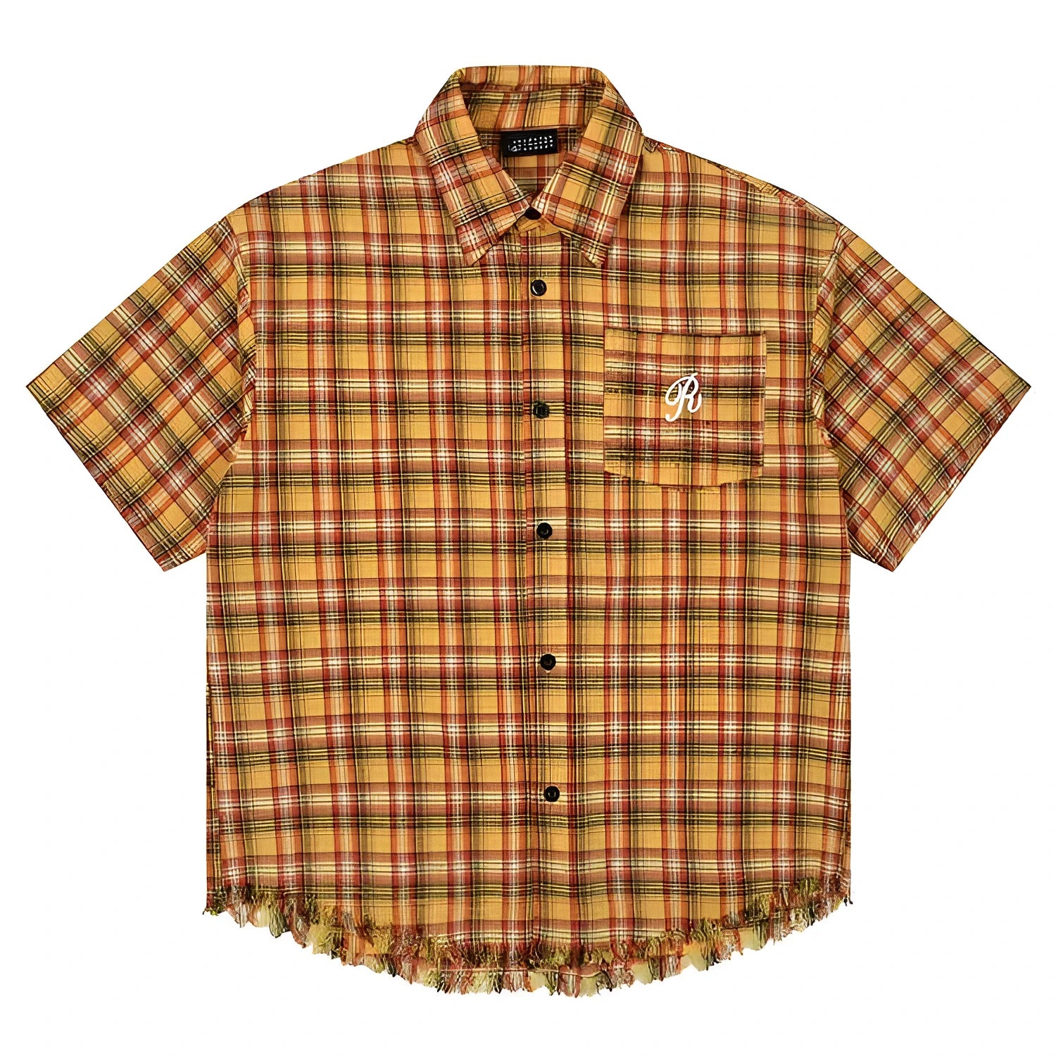 Yellow plaid short sleeve shirt with embroidery pocket detail