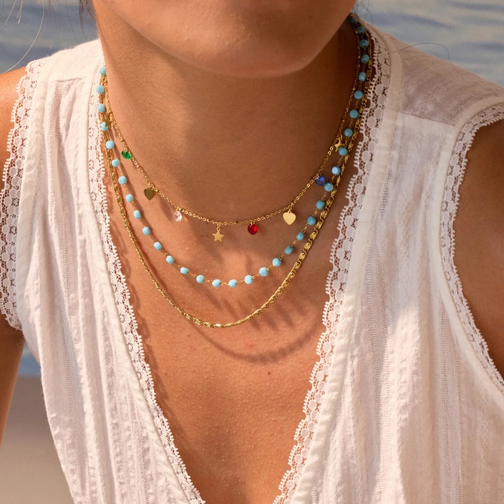 Colorful beaded stainless steel gold-plated double layer clavicle necklace for women on white background