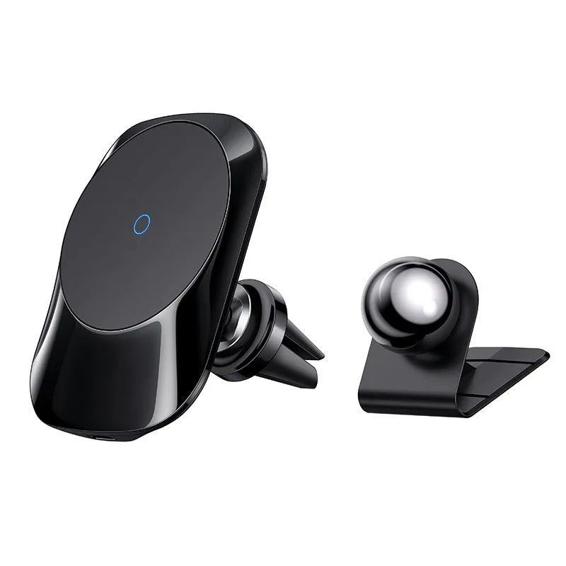Black magnetic car wireless charger with dashboard and air vent mounting bases