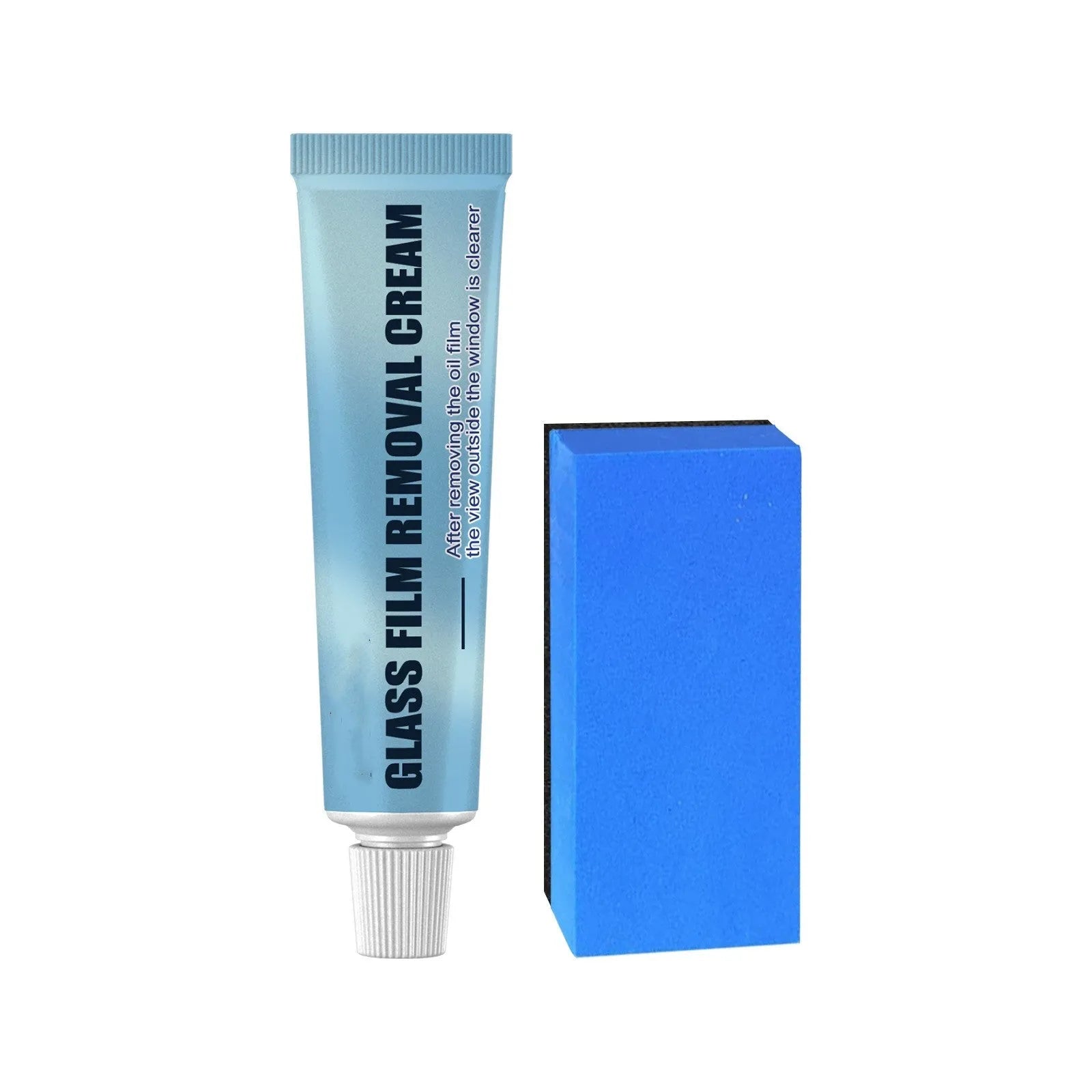 Blue car glass oil film remover with sponge applicator for windshield and window cleaning