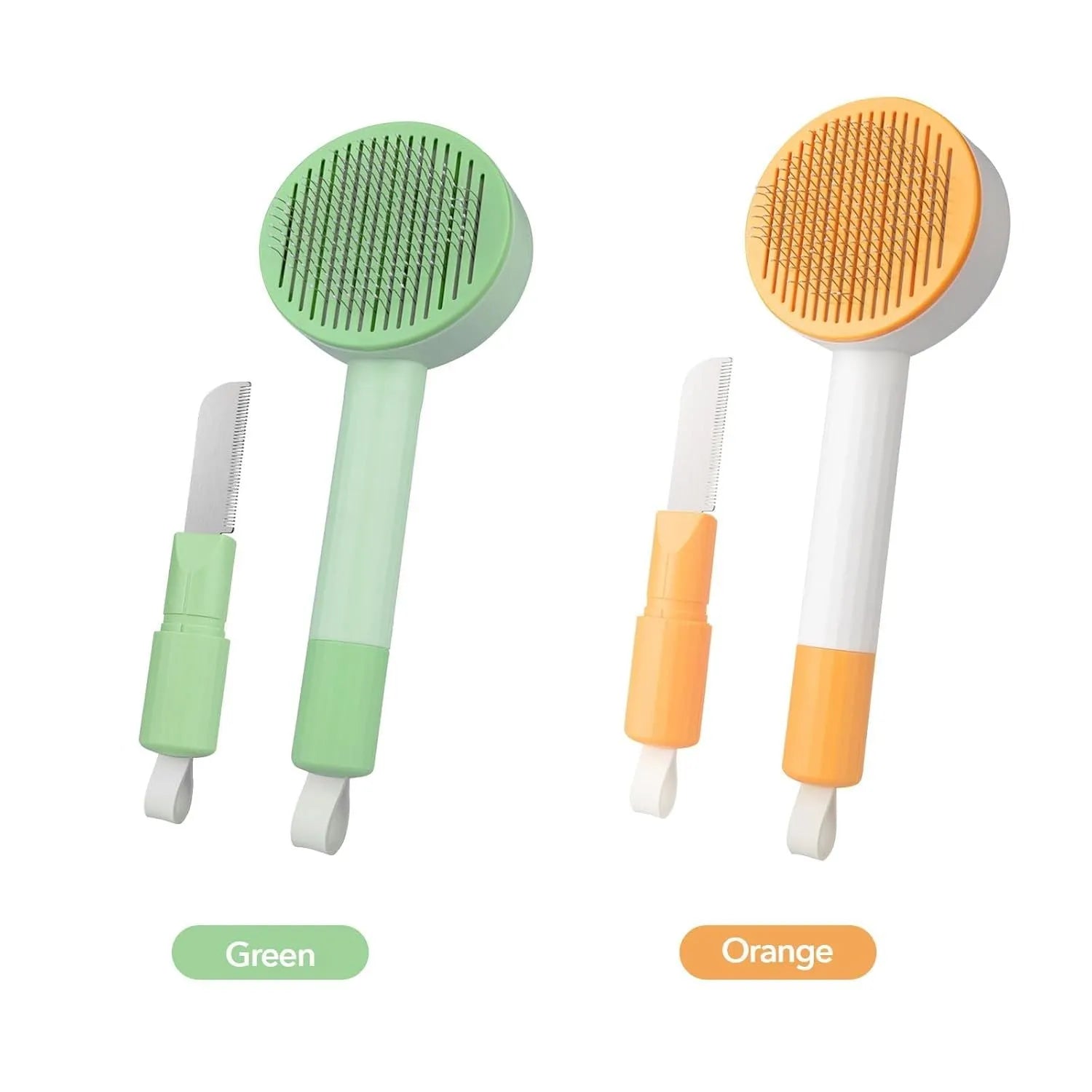 Green and yellow 2-in-1 pet grooming brush with curved teeth for long haired cats and shedding pets