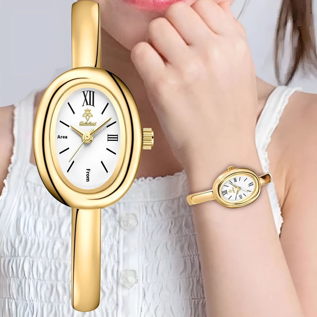 Women's oval retro quartz watch with 8mm thickness showing gold and silver colour options with spiral patterns