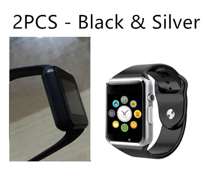 A1 Smart Watch in multiple colours on wrist, showing 1.54-inch touchscreen and side view highlighting camera.