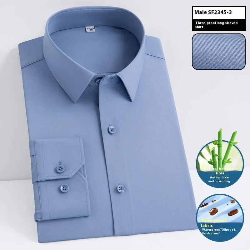 Men's slim fit bamboo fibre business shirt with square collar in a solid colour, shown in short sleeve style.