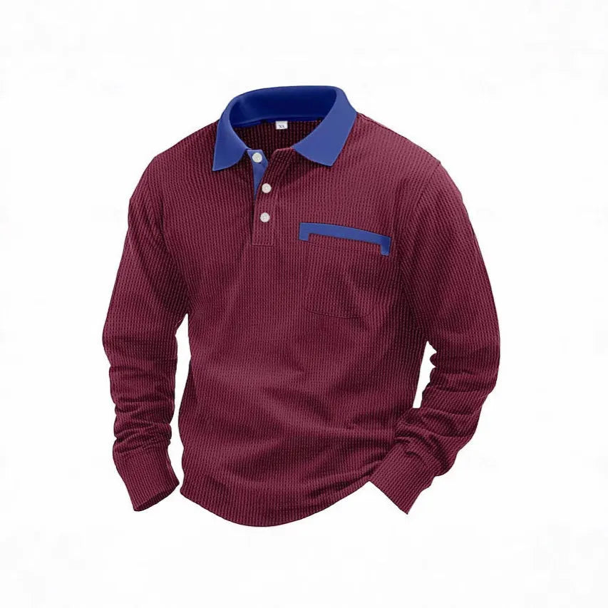 Man modelling a long-sleeved waffle-texture polo shirt in a loose, retro style.