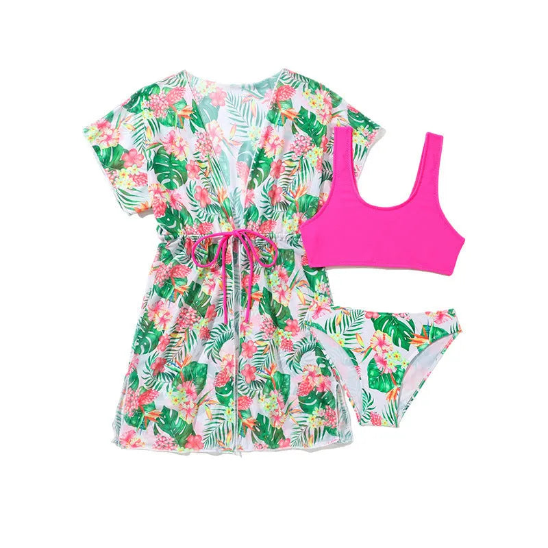 Girls' floral printed two-piece swimsuit with swim top and bikini bottom in high-elasticity polyester