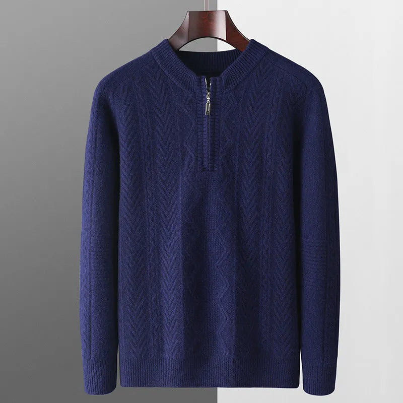 Men's pure wool half-zip sweater with diamond lattice pattern in milky white colour showing front view