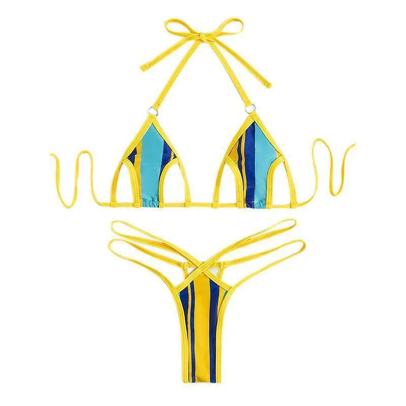 Yellow women's swimsuit with split skirt and hollow backless design.