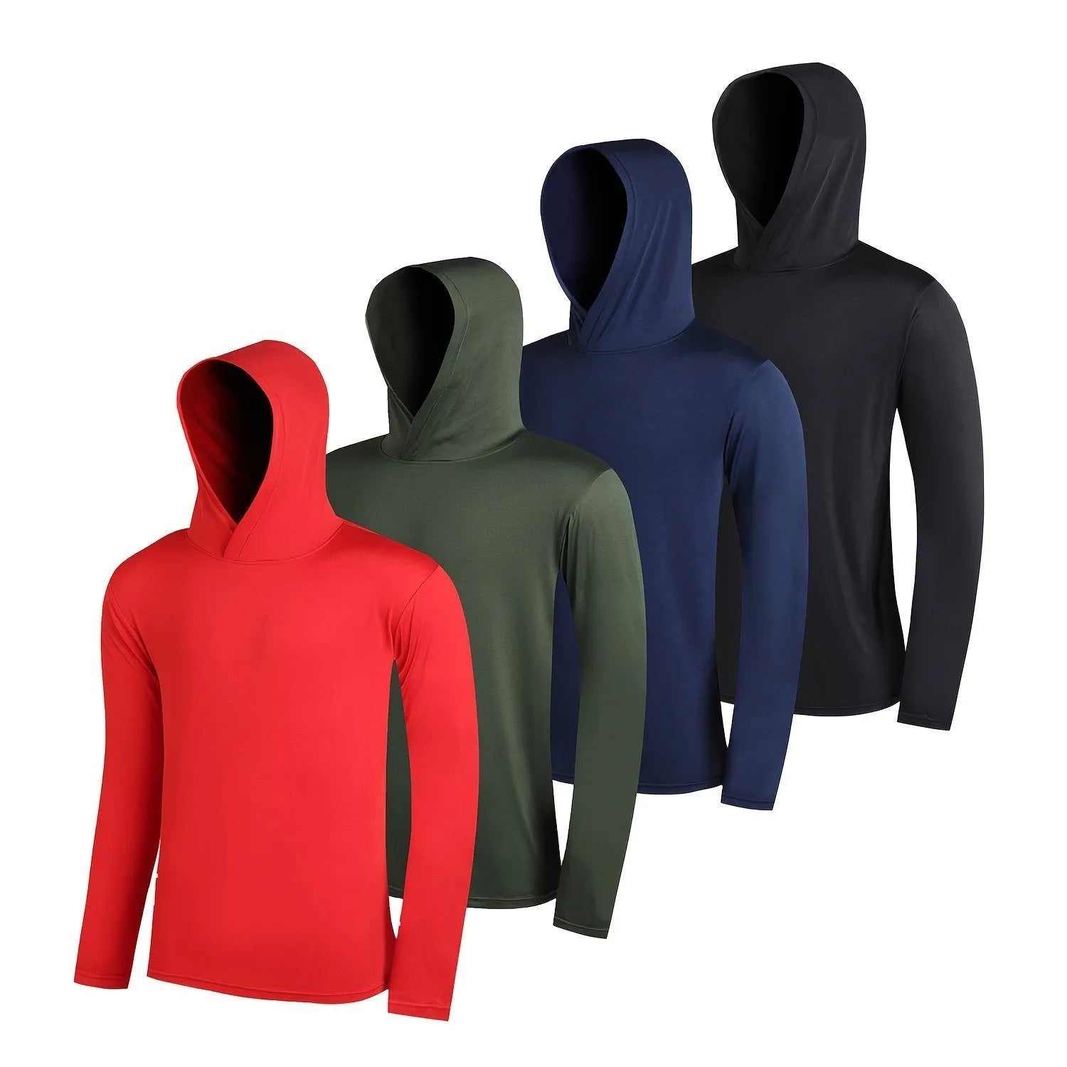 A stack of four men's lightweight polyester hoodies in various colours, showing both hooded and non-hooded styles.