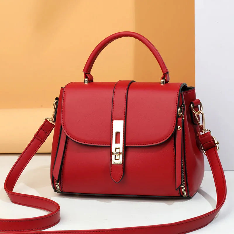 Soft PU leather women's messenger shoulder bag in square vertical shape, shown in one of four colours.
