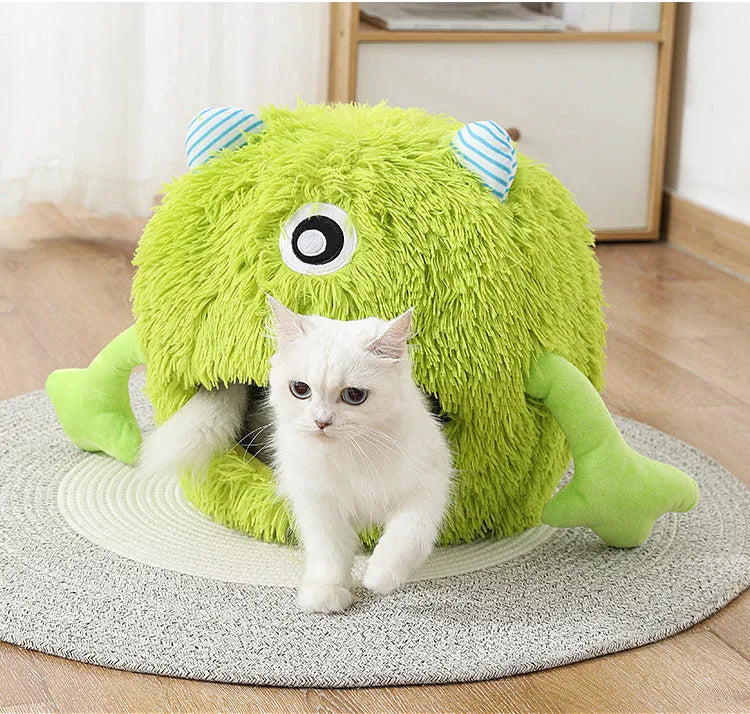 Round fluffy plush cat bed with a non-slip base, shown in three sizes.