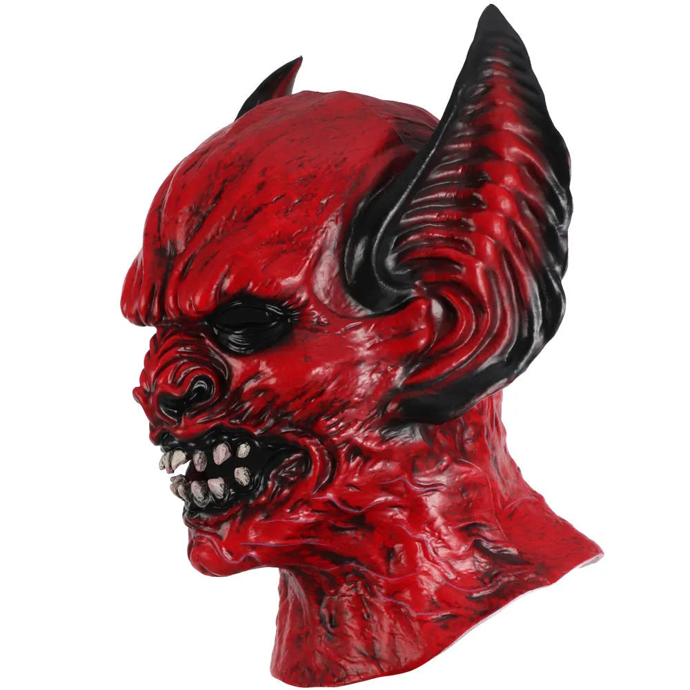 Red bat head hood mask for horror dress up events made from RP foam