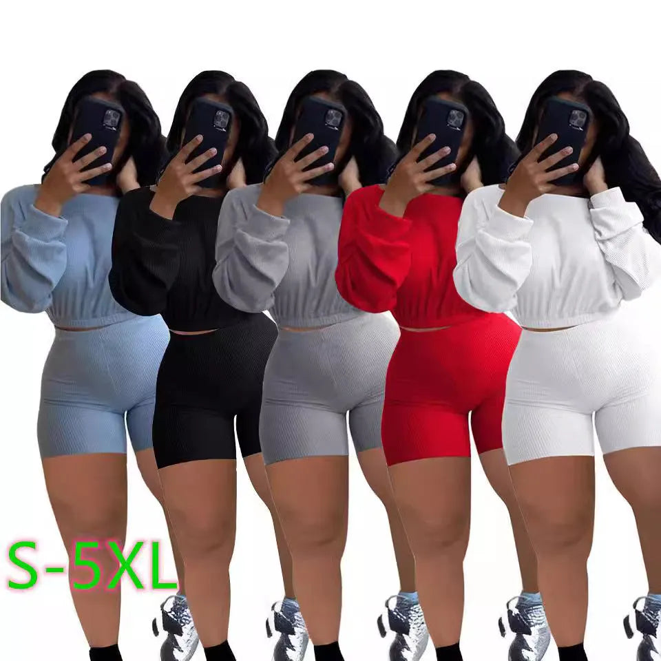 Women's sunken stripe off-the-shoulder long sleeve top with solid colour shorts in a selection of colours