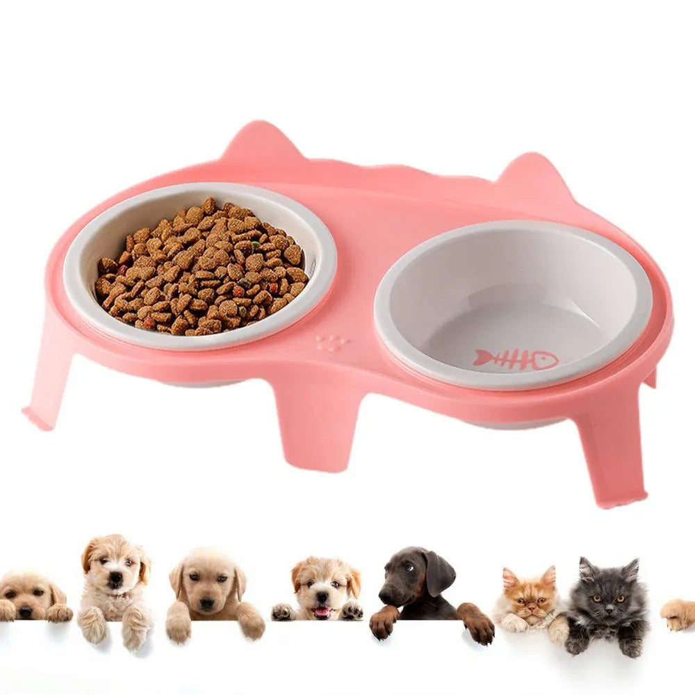Ceramic cat food and water bowl set with tilted elevated stand in blue colour option