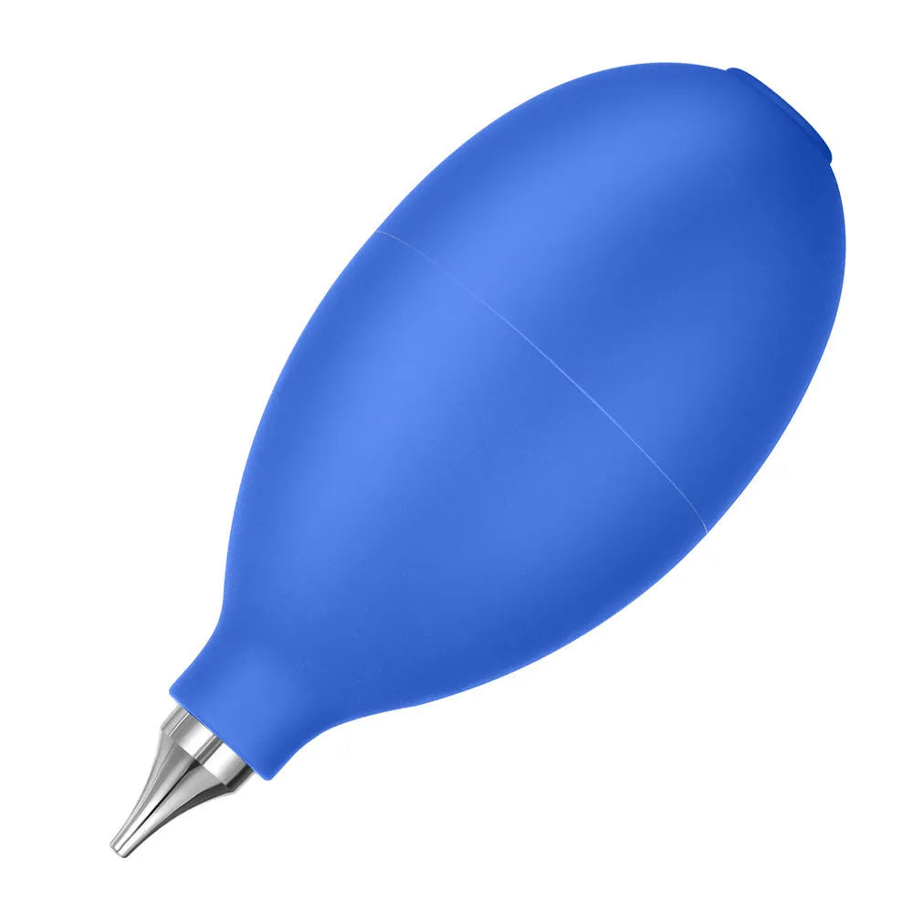Blue rubber handheld dust removal ball air blower for cleaning cameras and mobile phones.