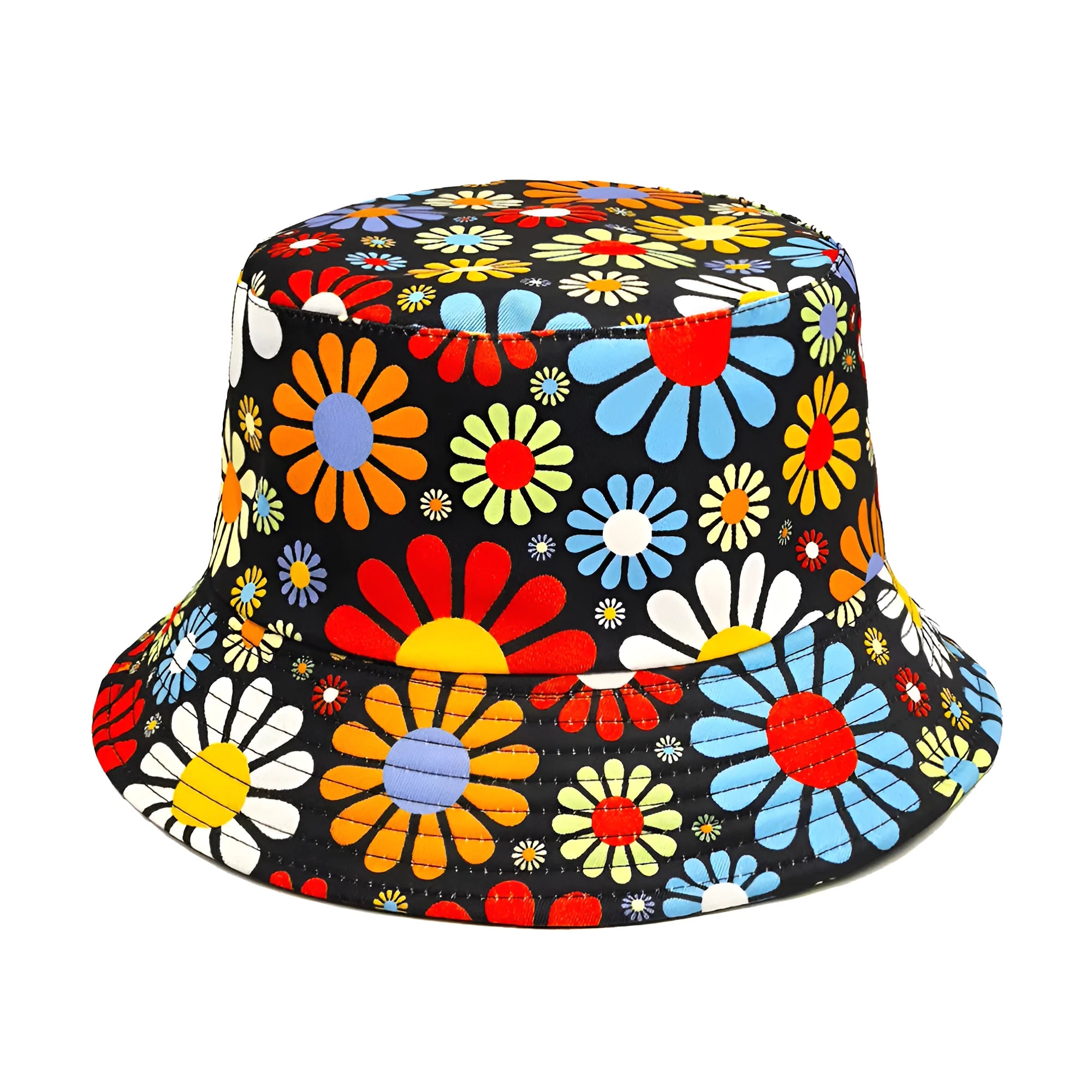 Colourful floral print polyester bucket sun hat with dome crown in M size