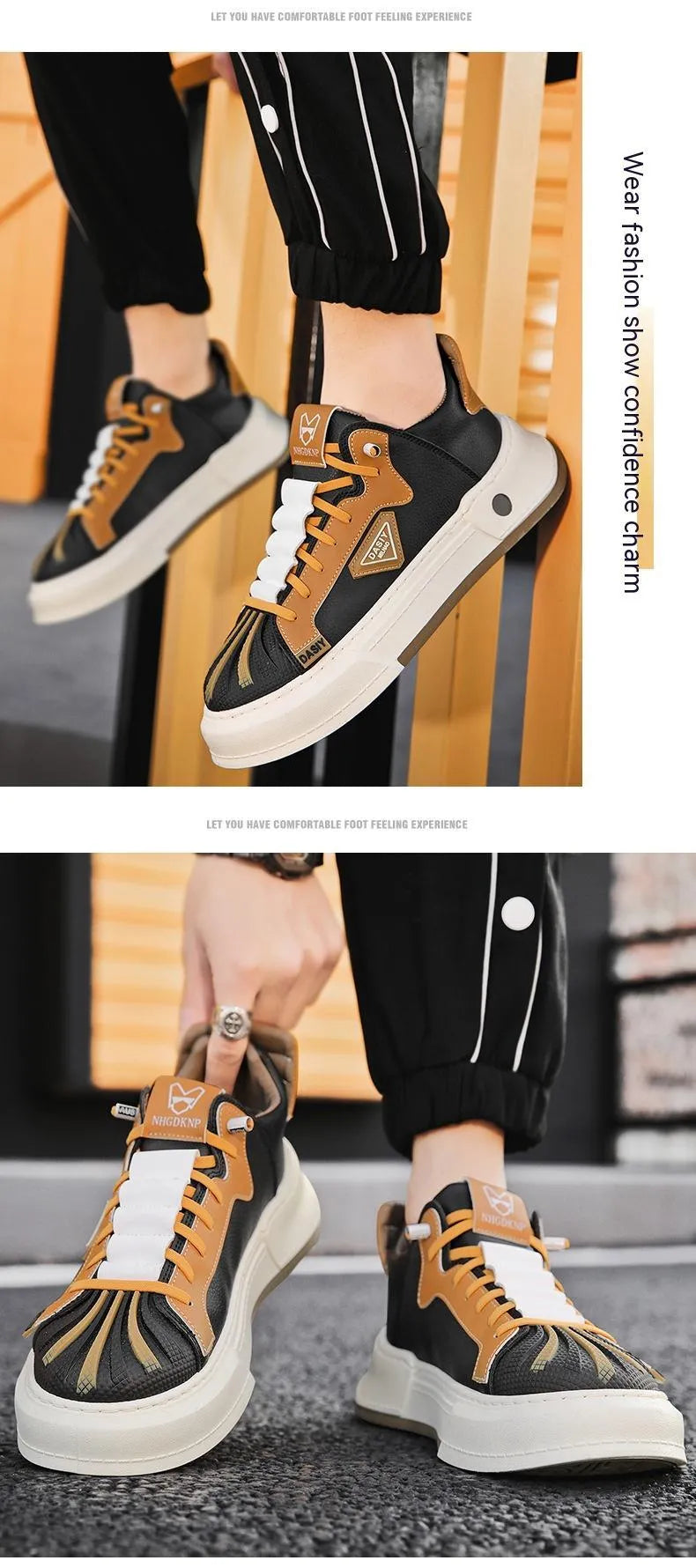 Men's beige and black casual sneakers with elastic band fastening and round toe design