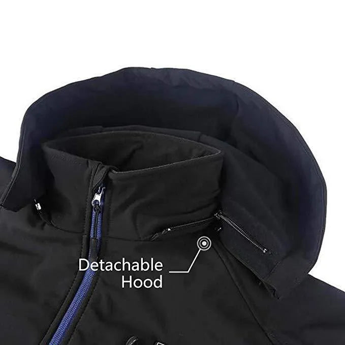 Black men's USB heated winter coat with long sleeves, straight hem, and zippered pockets.