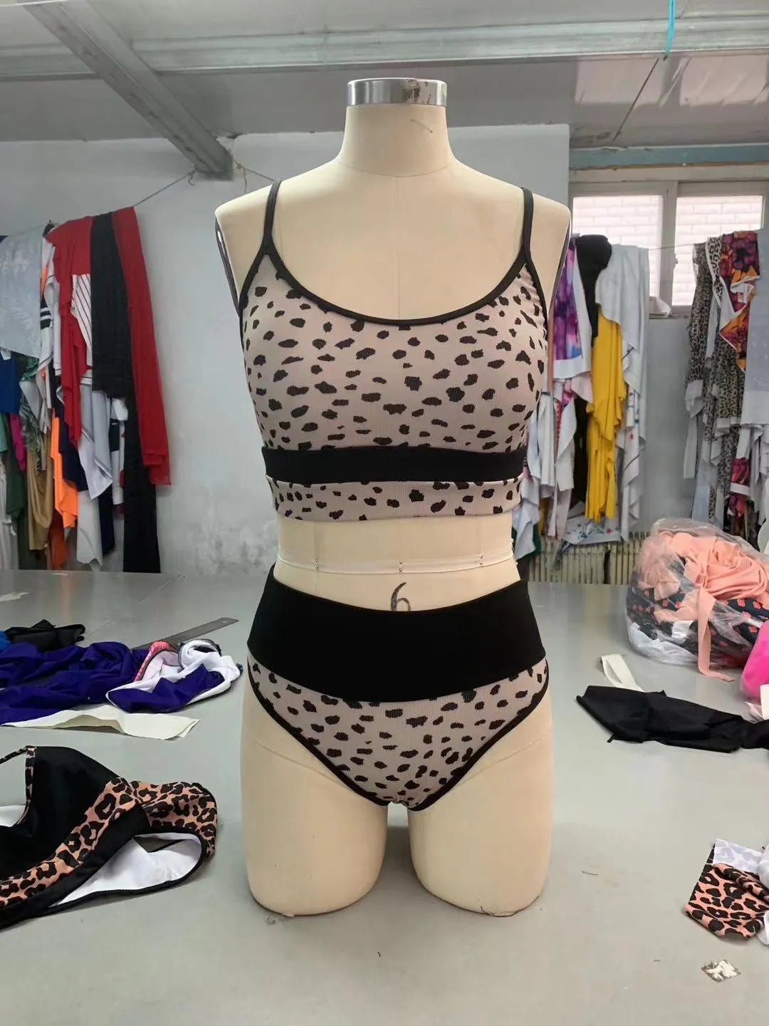 Women's high waist split bikini swimsuit in leopard print and white options