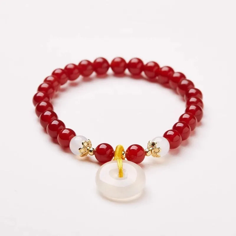 Chinese style handmade natural jinsi jade safety buckle bracelet with red agate and emerald beads