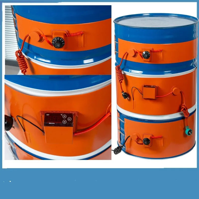Silicone rubber heating belt wrapped around 200-litre oil drum with digital display control