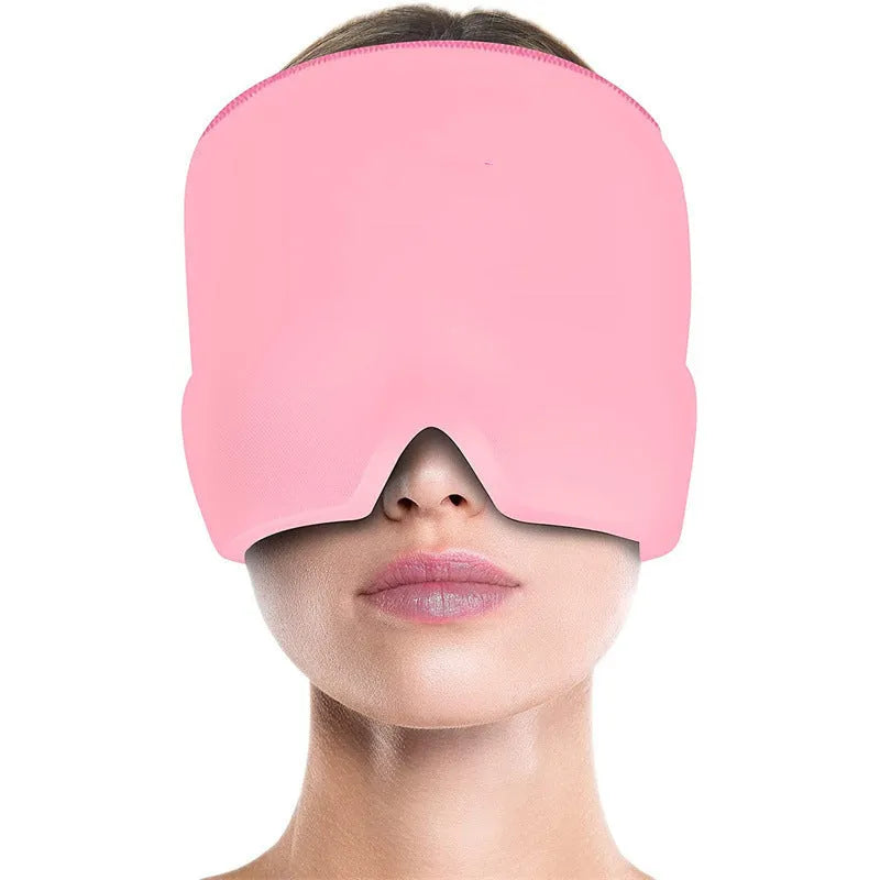 Black reusable gel ice mask for eyes and forehead on a white background