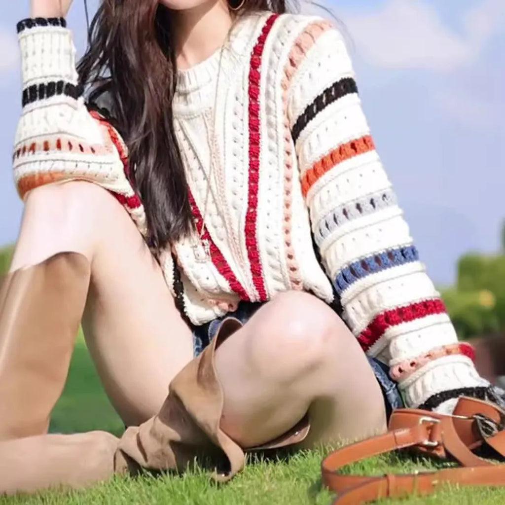 Rainbow striped batwing sleeve loose fit sweater with round neck in multi-colour retro design