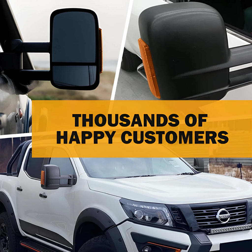 Black electric exterior rear view mirror for Nissan NP300 D23 with integrated indicator light.
